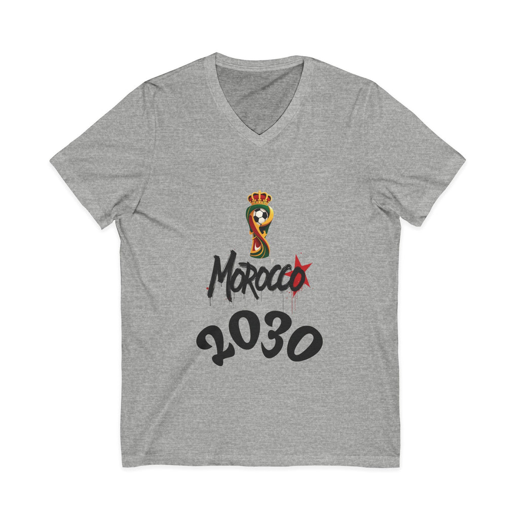 Morocco 2030 V-Neck Tee, Trendy Graphic Shirt, Unisex Fashion, Casual Wear, Gift for Soccer Fans, World Cup Apparel