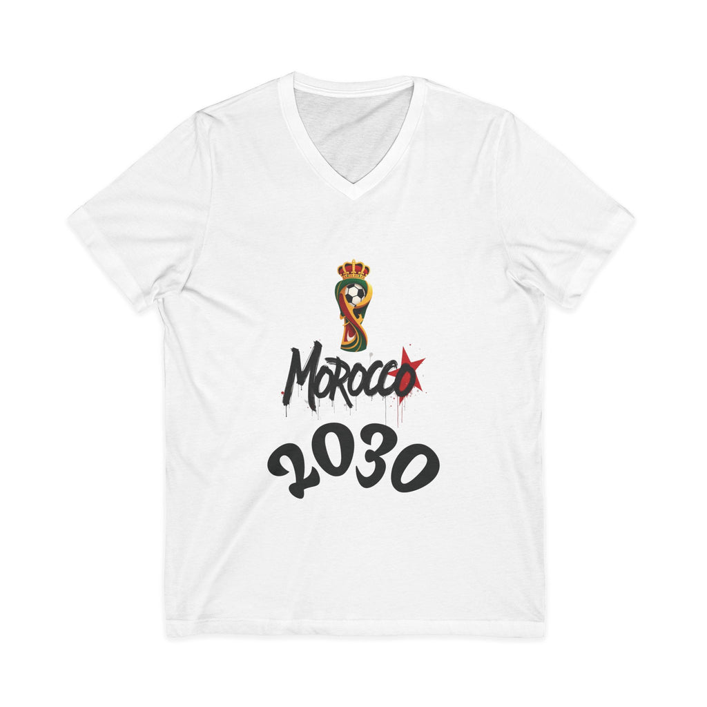 Morocco 2030 V-Neck Tee, Trendy Graphic Shirt, Unisex Fashion, Casual Wear, Gift for Soccer Fans, World Cup Apparel