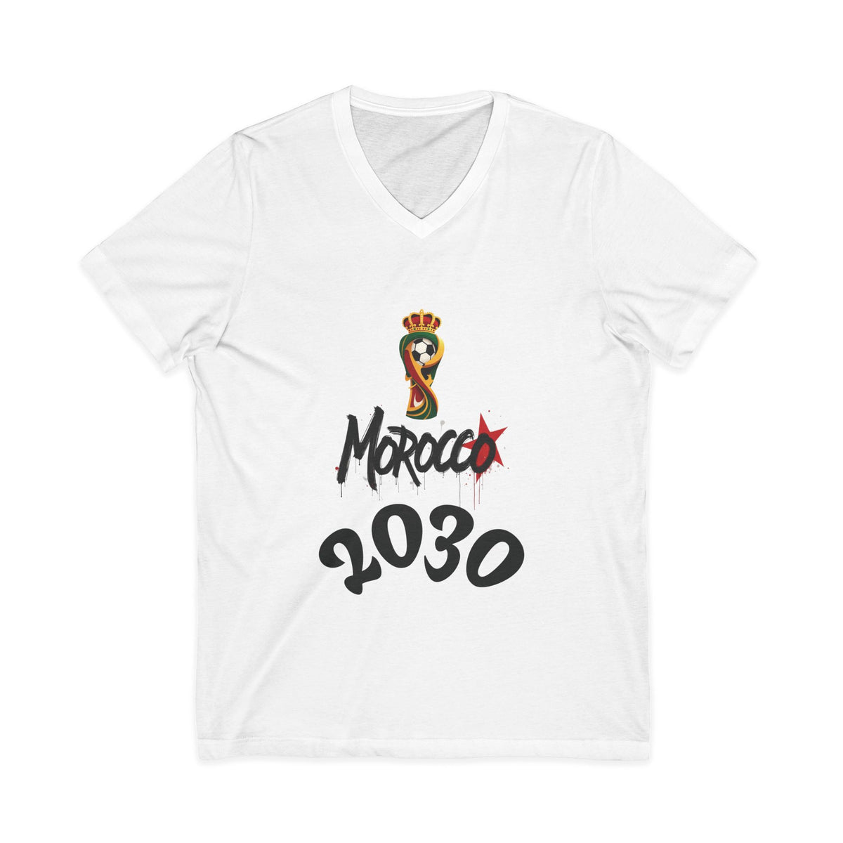 Morocco 2030 V-Neck Tee, Trendy Graphic Shirt, Unisex Fashion, Casual Wear, Gift for Soccer Fans, World Cup Apparel