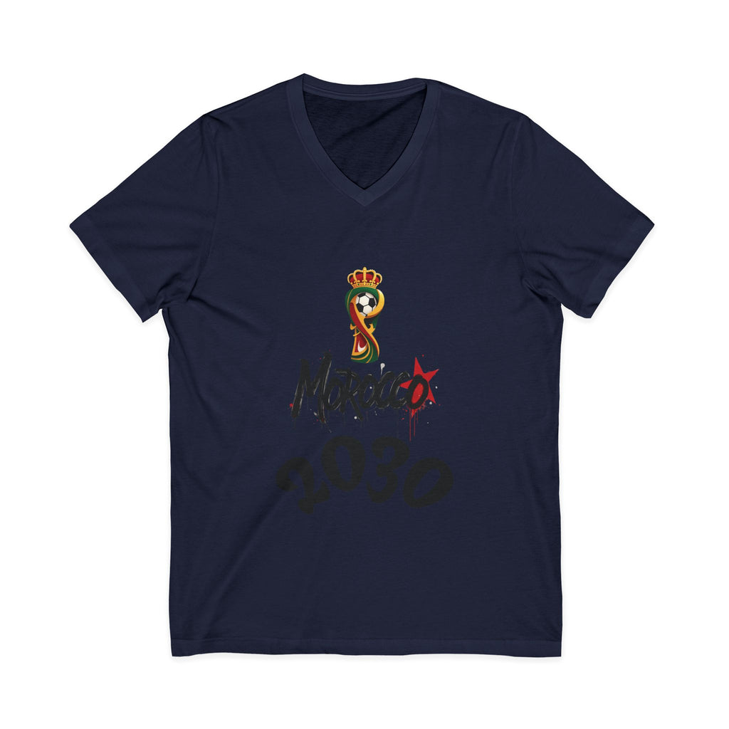 Morocco 2030 V-Neck Tee, Trendy Graphic Shirt, Unisex Fashion, Casual Wear, Gift for Soccer Fans, World Cup Apparel