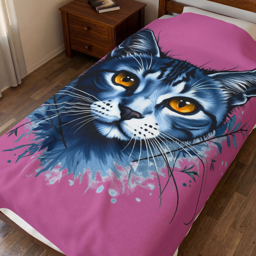 Cozy Cat Lover's Velveteen Plush Blanket | Soft Throw for Pet Lovers, Home Decor, Gift for Cat Owners, Warm Blanket, Feline Art, chat