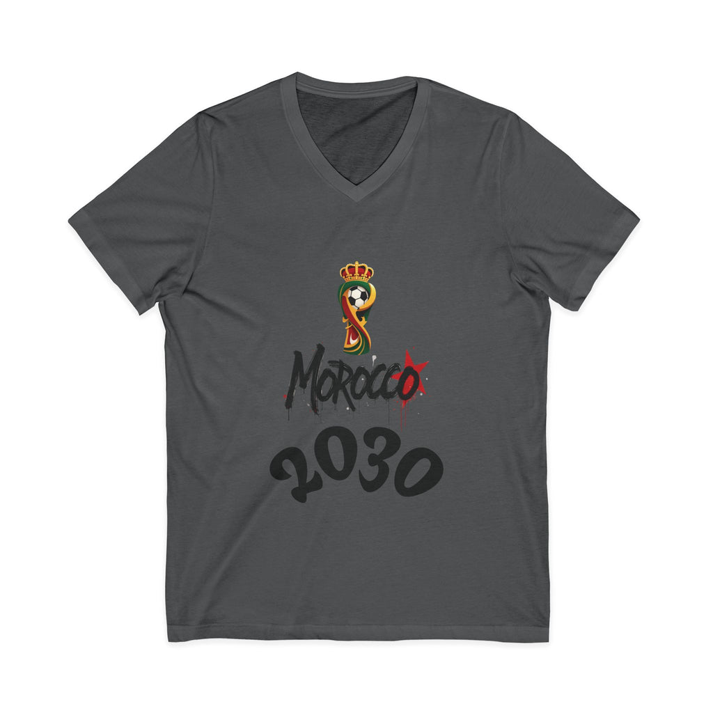 Morocco 2030 V-Neck Tee, Trendy Graphic Shirt, Unisex Fashion, Casual Wear, Gift for Soccer Fans, World Cup Apparel