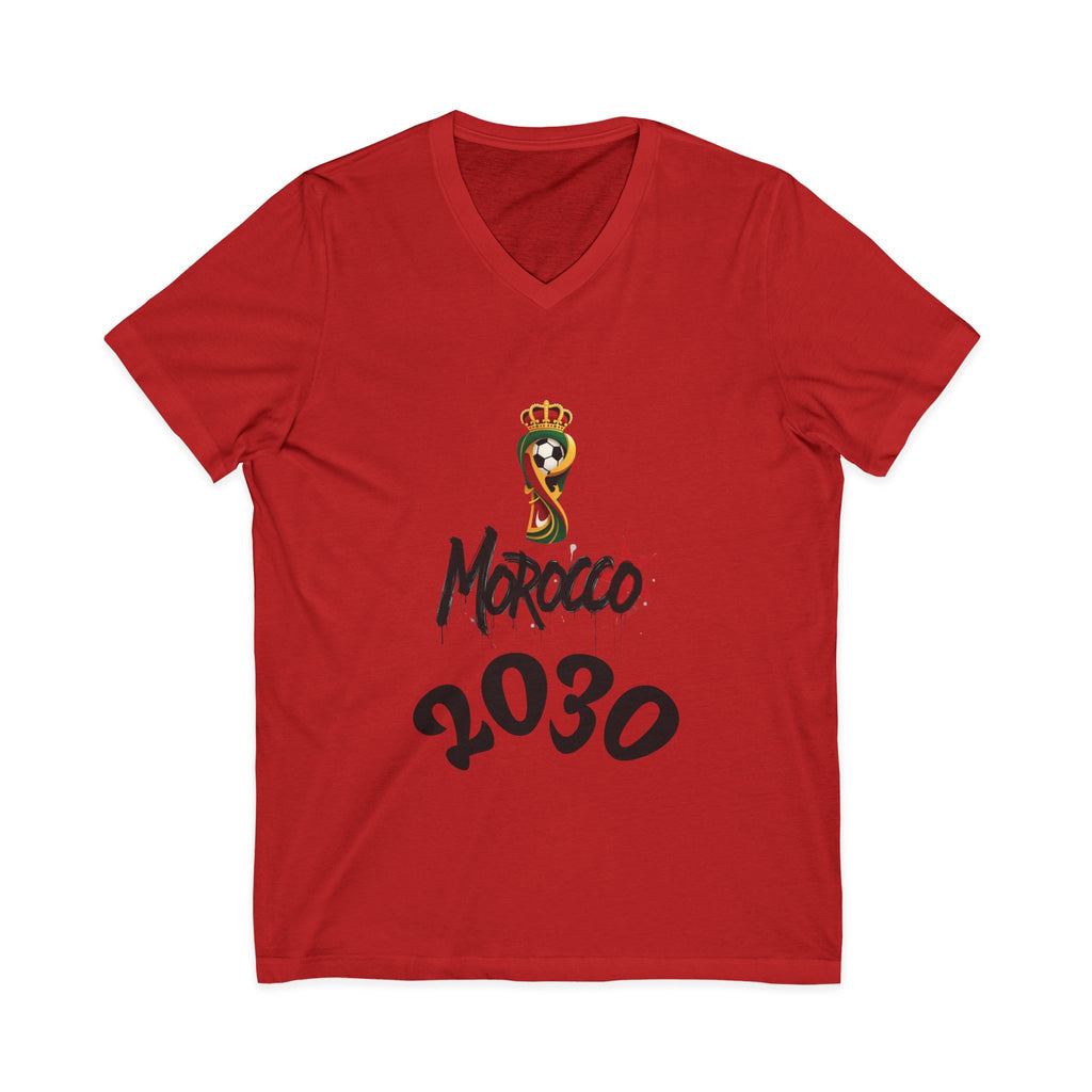 Morocco 2030 V-Neck Tee, Trendy Graphic Shirt, Unisex Fashion, Casual Wear, Gift for Soccer Fans, World Cup Apparel