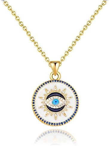 Collier chaîne dorée avec pendentif œil protecteur bleu et zircons, fermoir discret