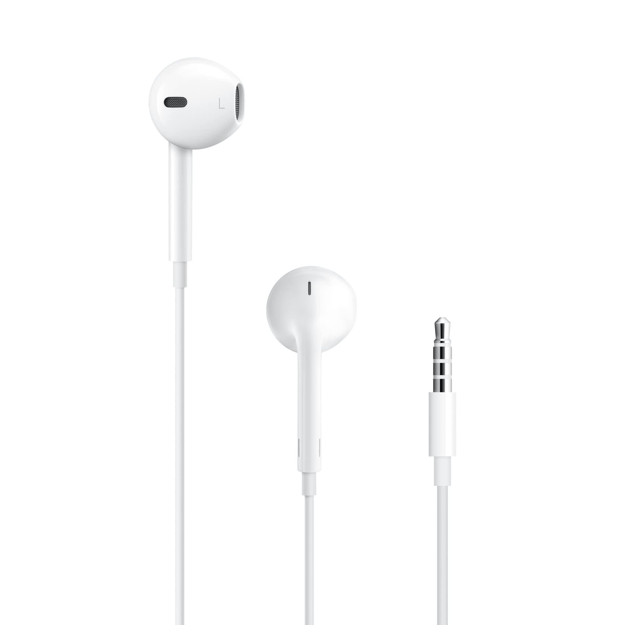Écouteurs intra-auriculaires filaires blancs, têtes ronde et câble fin avec commande