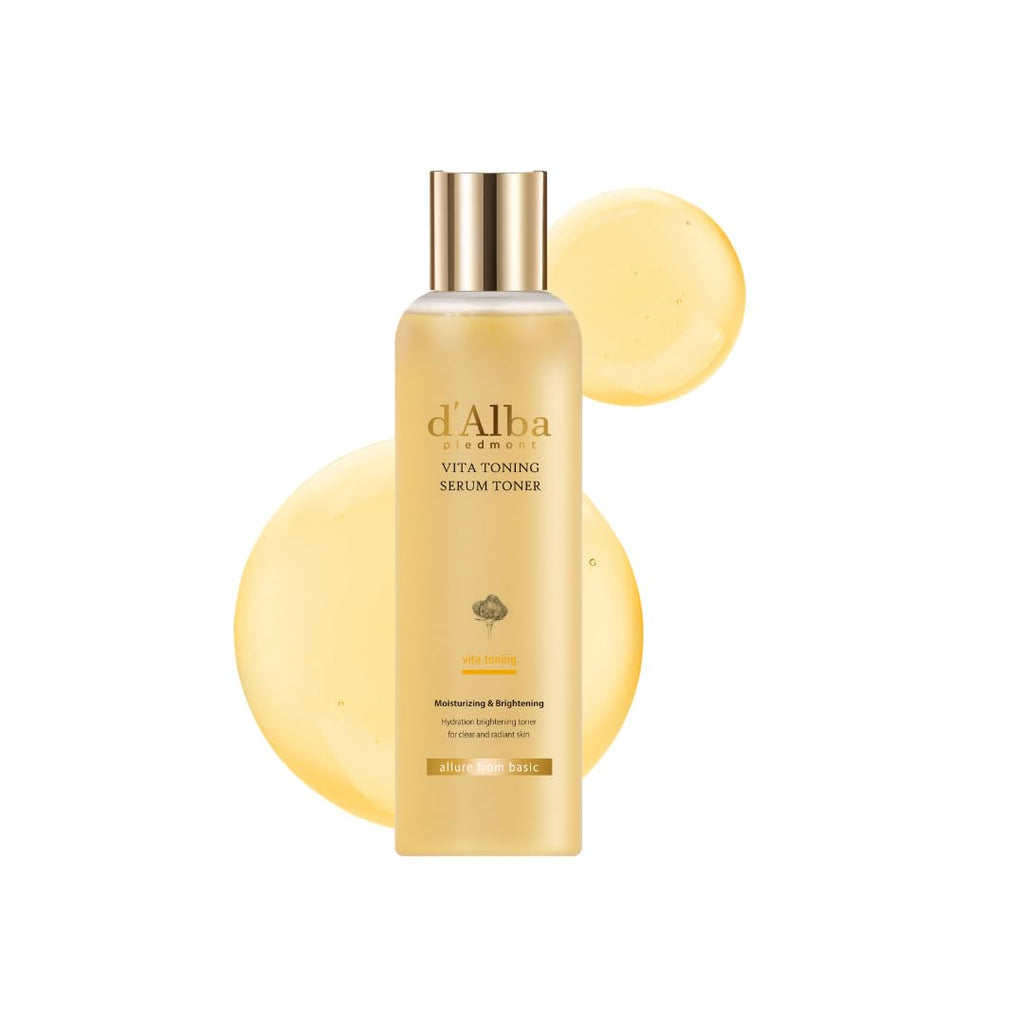 Bouteille de sérum tonique d'Alba Vita Toning à capuchon doré, flacon jaune translucide