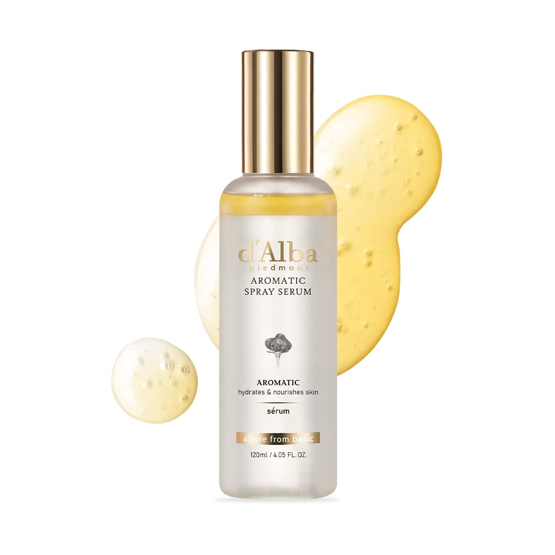 Sérum spray aromatique d'Alba en flacon doré, liquide ambré, 120 ml