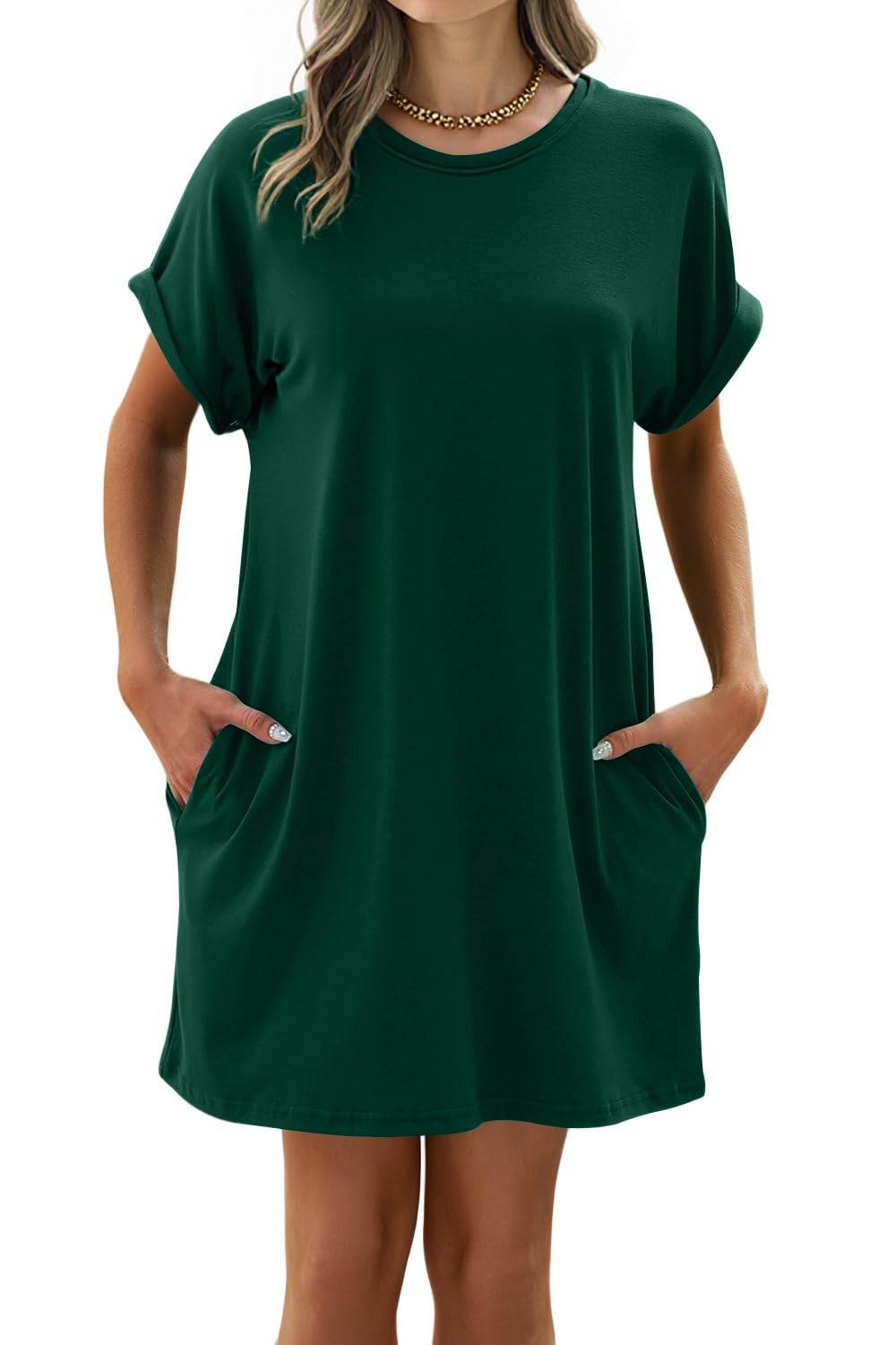 isermeo Women Summer Casual Swing Rolled Sleeve T Shirt Dresses Beach Cover Up Loose Dress with Pockets S-XXL