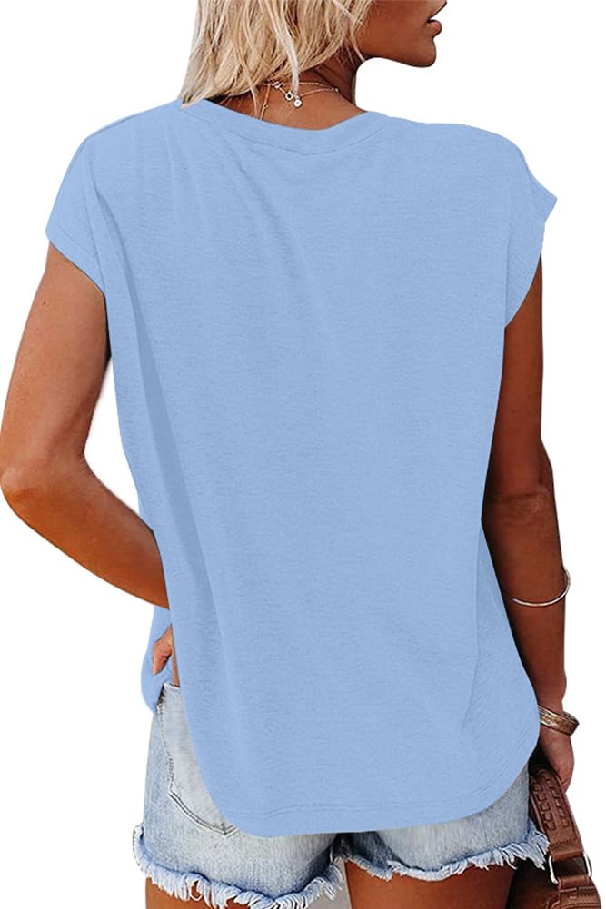 isermeo Cap Sleeve T Shirts for Women Summer V Neck Cute Tops Trendy Beach Vacation Clothes Fashion S-XXL