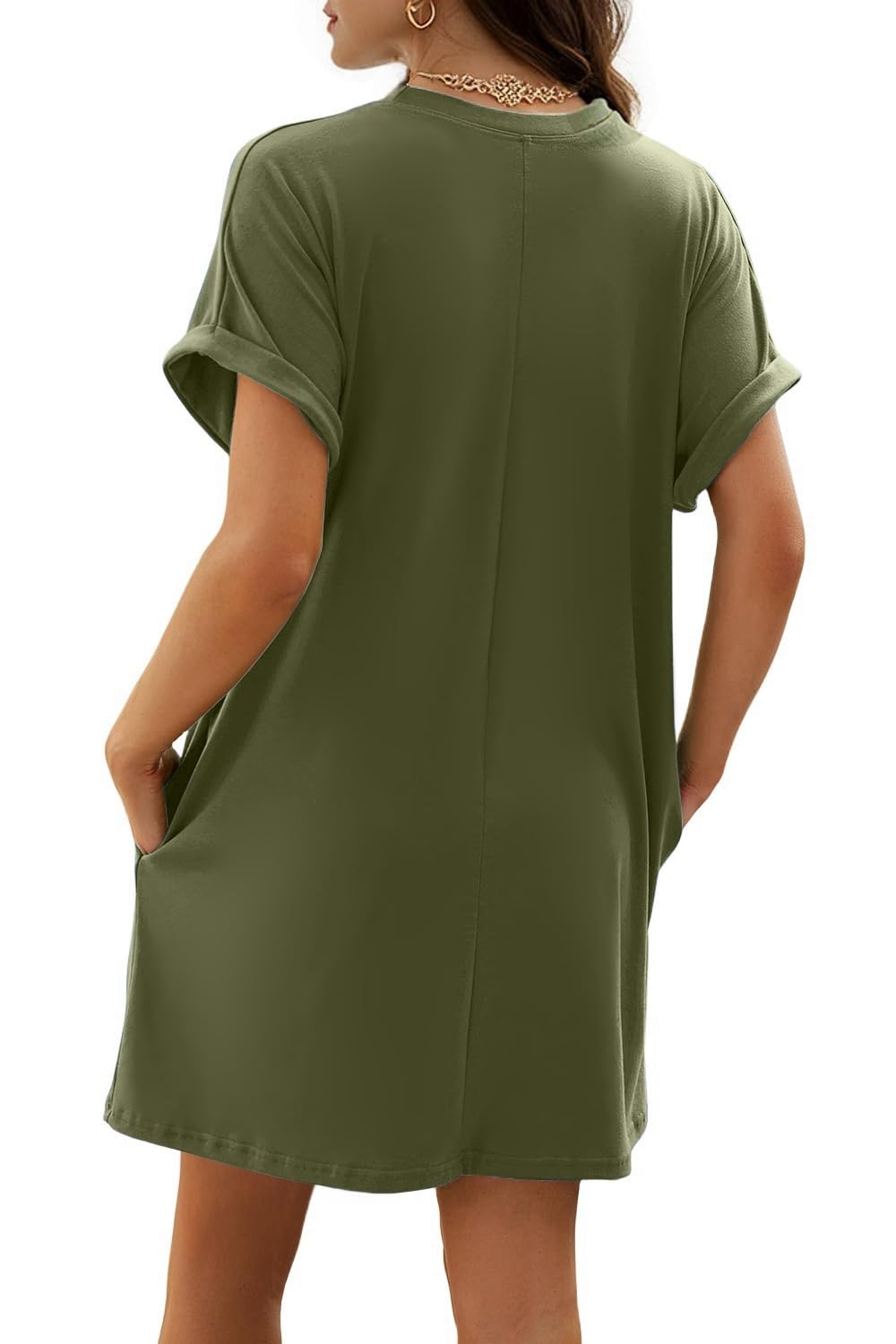 isermeo Women Summer Casual Swing Rolled Sleeve T Shirt Dresses Beach Cover Up Loose Dress with Pockets S-XXL