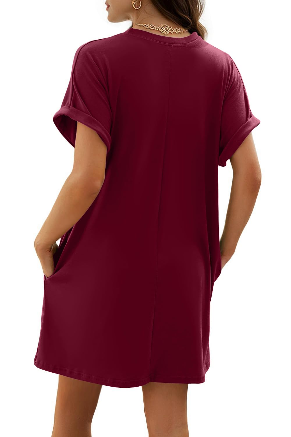 isermeo Women Summer Casual Swing Rolled Sleeve T Shirt Dresses Beach Cover Up Loose Dress with Pockets S-XXL