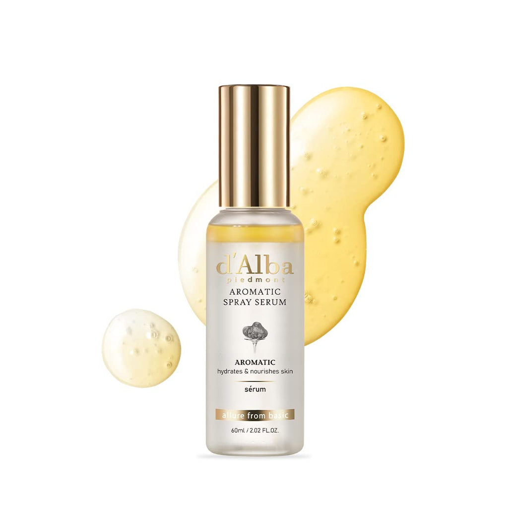 Sérum spray aromatique d'Alba en flacon doré, liquide ambré, 60 ml