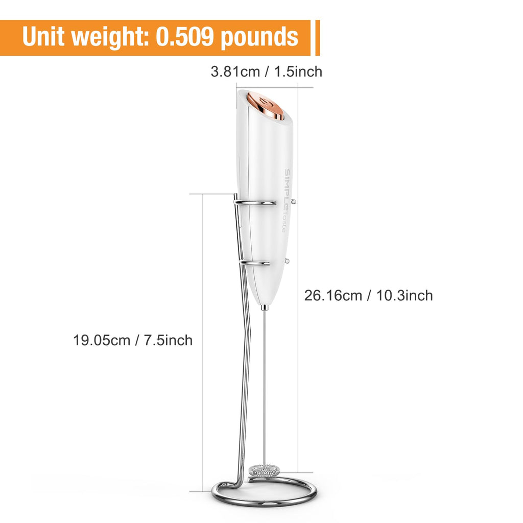 SIMPLETASTE Milk Frother Handheld Electric Foam Maker, Drink Mixer with Stainless Steel Whisk for Cappuccino, Bulletproof Coffee, Latte, Blizzard White, Without Stand, Battery Operated
