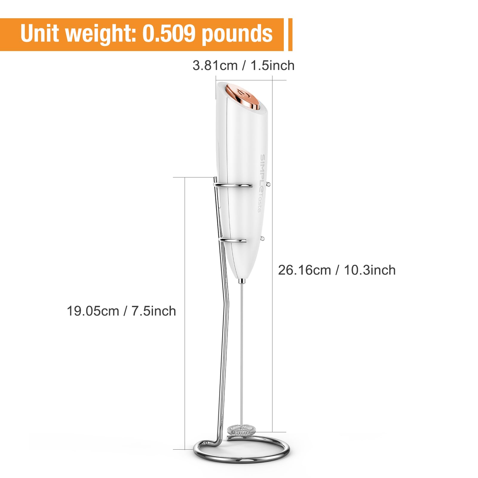 SIMPLETASTE Milk Frother Handheld Electric Foam Maker, Drink Mixer with Stainless Steel Whisk for Cappuccino, Bulletproof Coffee, Latte, Blizzard White, Without Stand, Battery Operated