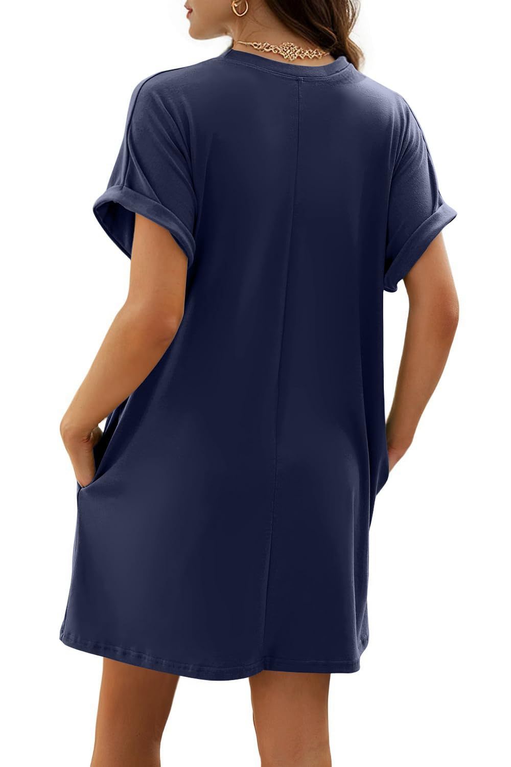 isermeo Women Summer Casual Swing Rolled Sleeve T Shirt Dresses Beach Cover Up Loose Dress with Pockets S-XXL