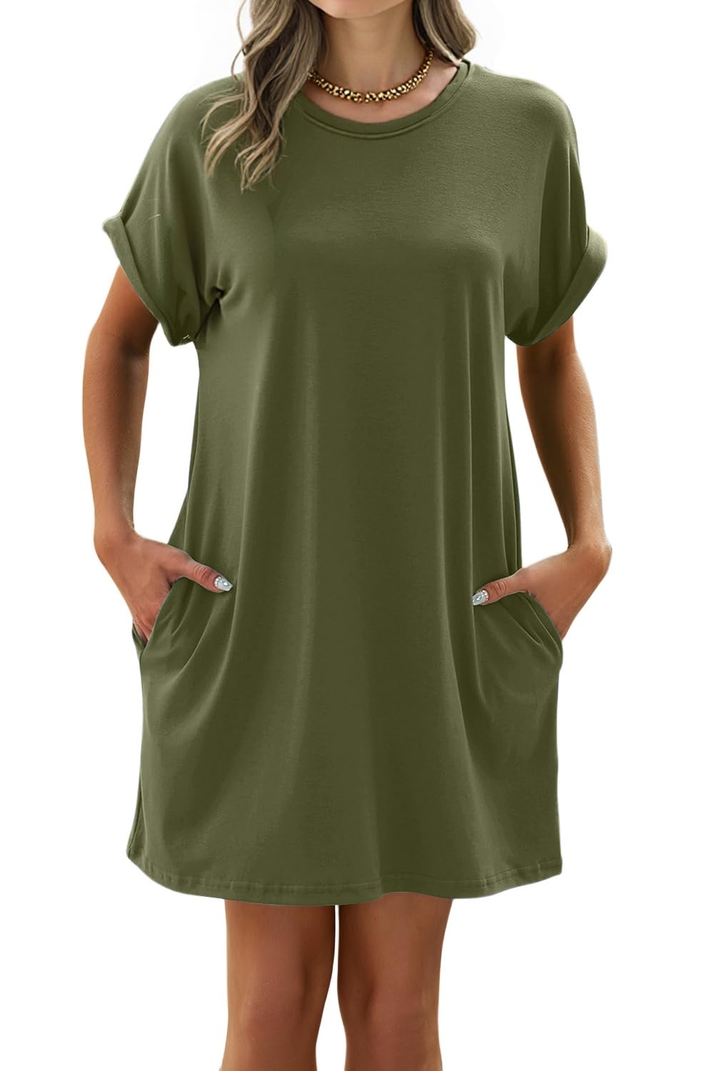 isermeo Women Summer Casual Swing Rolled Sleeve T Shirt Dresses Beach Cover Up Loose Dress with Pockets S-XXL