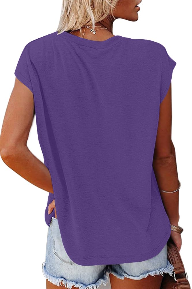 isermeo Cap Sleeve T Shirts for Women Summer V Neck Cute Tops Trendy Beach Vacation Clothes Fashion S-XXL