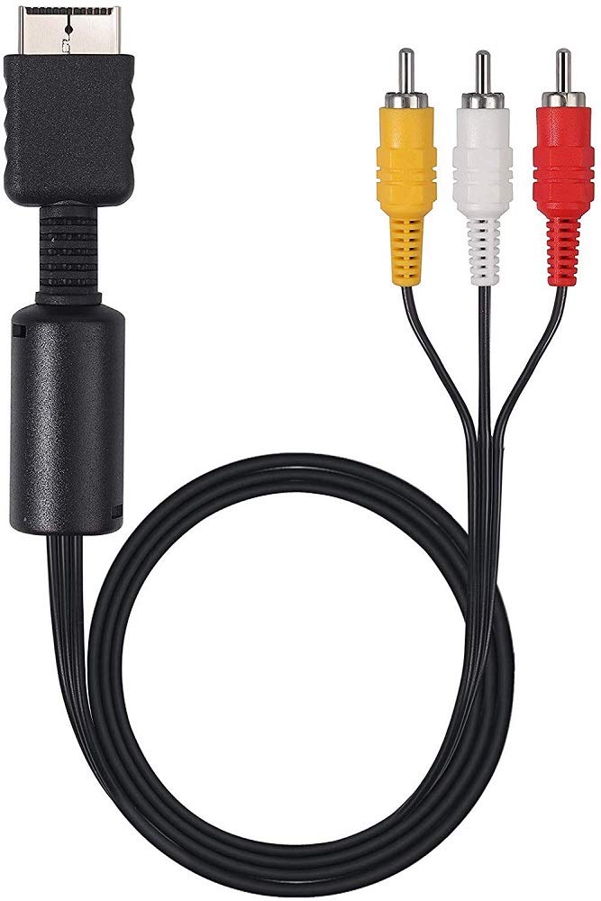 Câble AV avec connecteur noir et trois prises RCA (rouge, blanche, jaune)