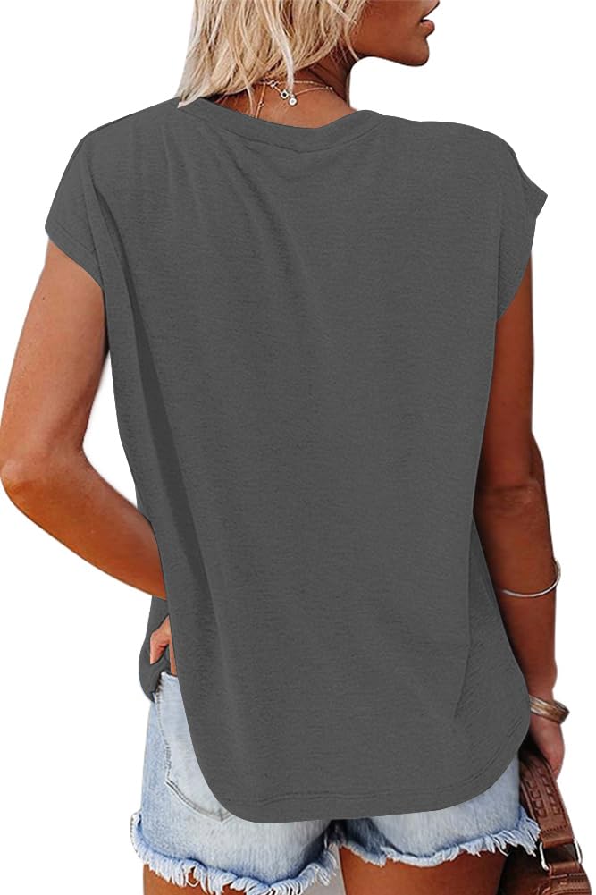 isermeo Cap Sleeve T Shirts for Women Summer V Neck Cute Tops Trendy Beach Vacation Clothes Fashion S-XXL
