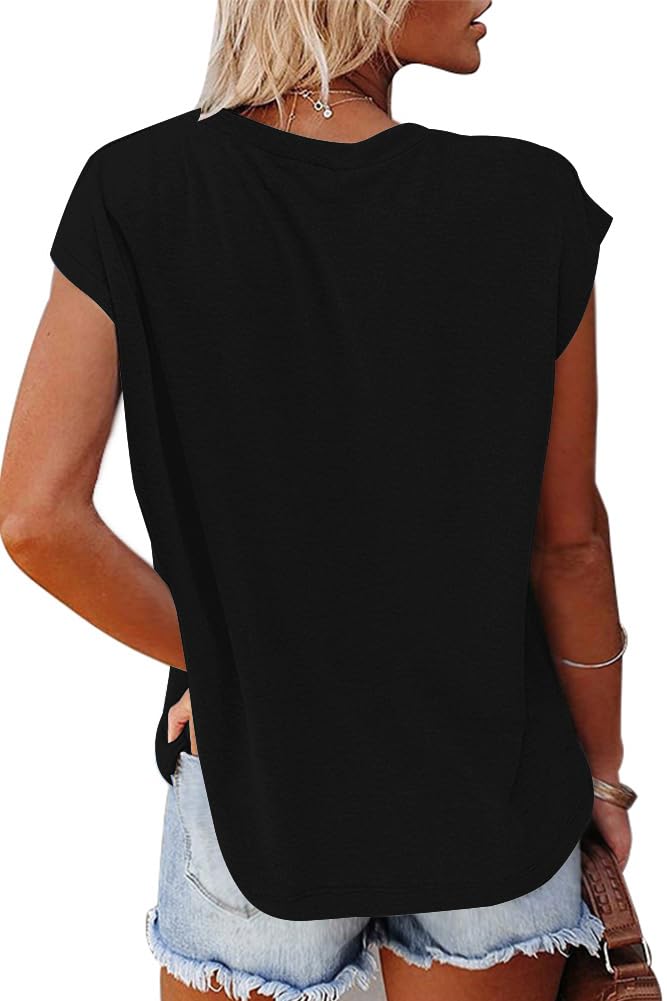 isermeo Cap Sleeve T Shirts for Women Summer V Neck Cute Tops Trendy Beach Vacation Clothes Fashion S-XXL