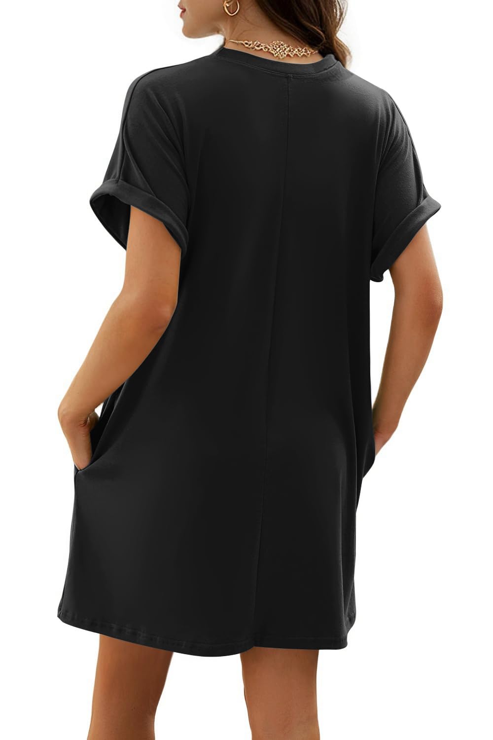 isermeo Women Summer Casual Swing Rolled Sleeve T Shirt Dresses Beach Cover Up Loose Dress with Pockets S-XXL