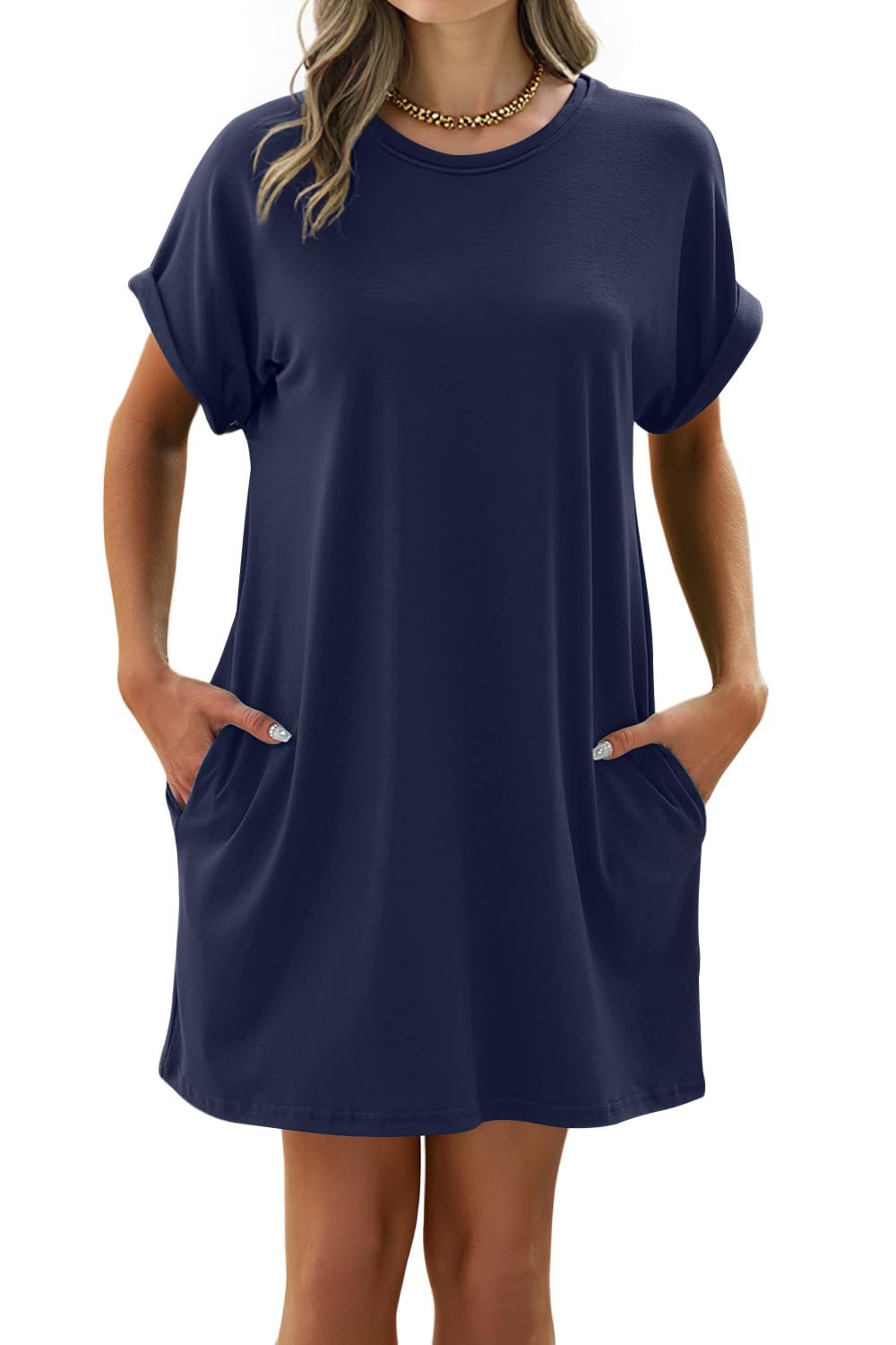 isermeo Women Summer Casual Swing Rolled Sleeve T Shirt Dresses Beach Cover Up Loose Dress with Pockets S-XXL