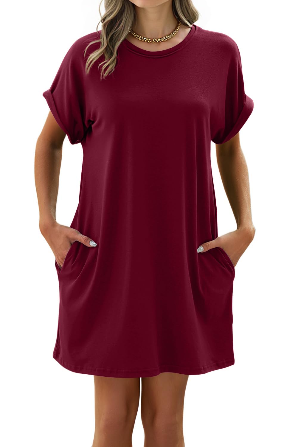 isermeo Women Summer Casual Swing Rolled Sleeve T Shirt Dresses Beach Cover Up Loose Dress with Pockets S-XXL