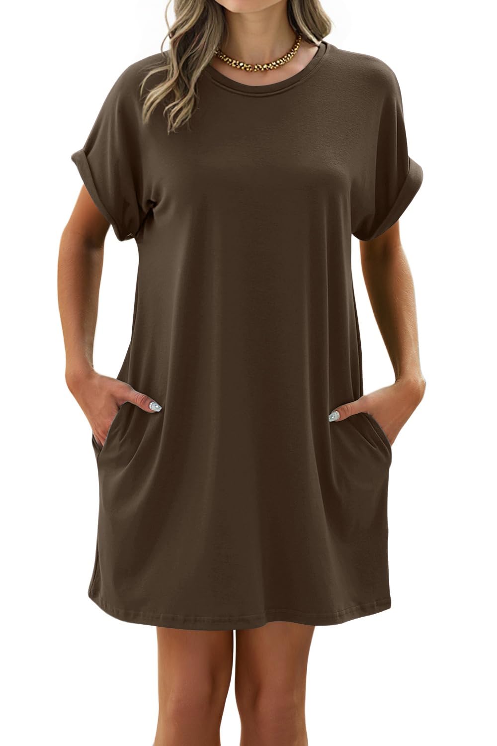 isermeo Women Summer Casual Swing Rolled Sleeve T Shirt Dresses Beach Cover Up Loose Dress with Pockets S-XXL