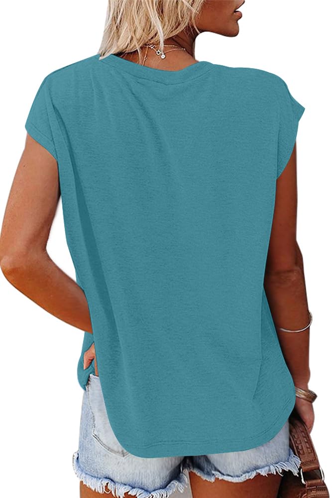 isermeo Cap Sleeve T Shirts for Women Summer V Neck Cute Tops Trendy Beach Vacation Clothes Fashion S-XXL
