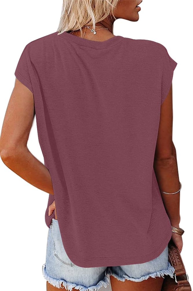 isermeo Cap Sleeve T Shirts for Women Summer V Neck Cute Tops Trendy Beach Vacation Clothes Fashion S-XXL