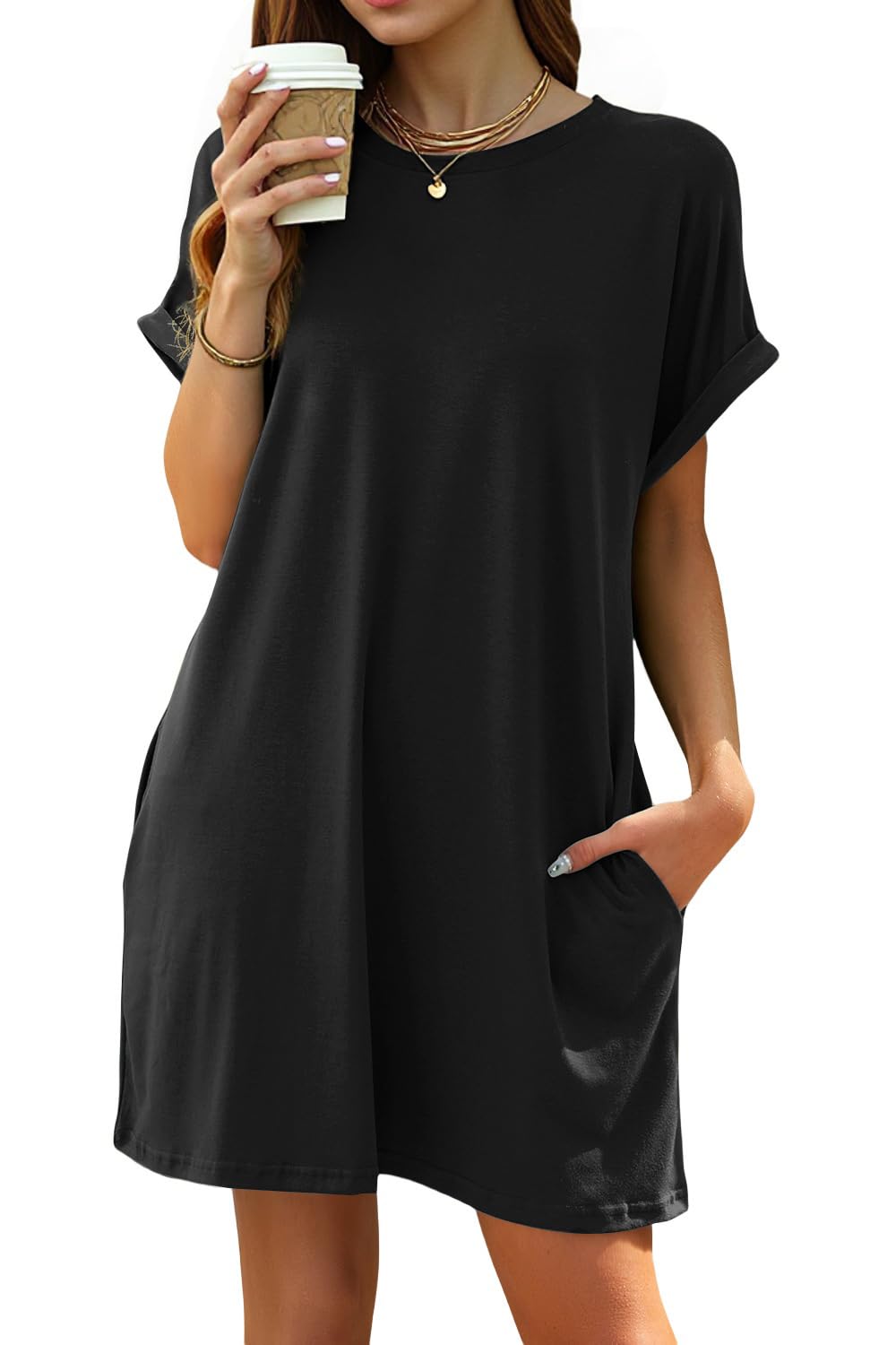 isermeo Women Summer Casual Swing Rolled Sleeve T Shirt Dresses Beach Cover Up Loose Dress with Pockets S-XXL