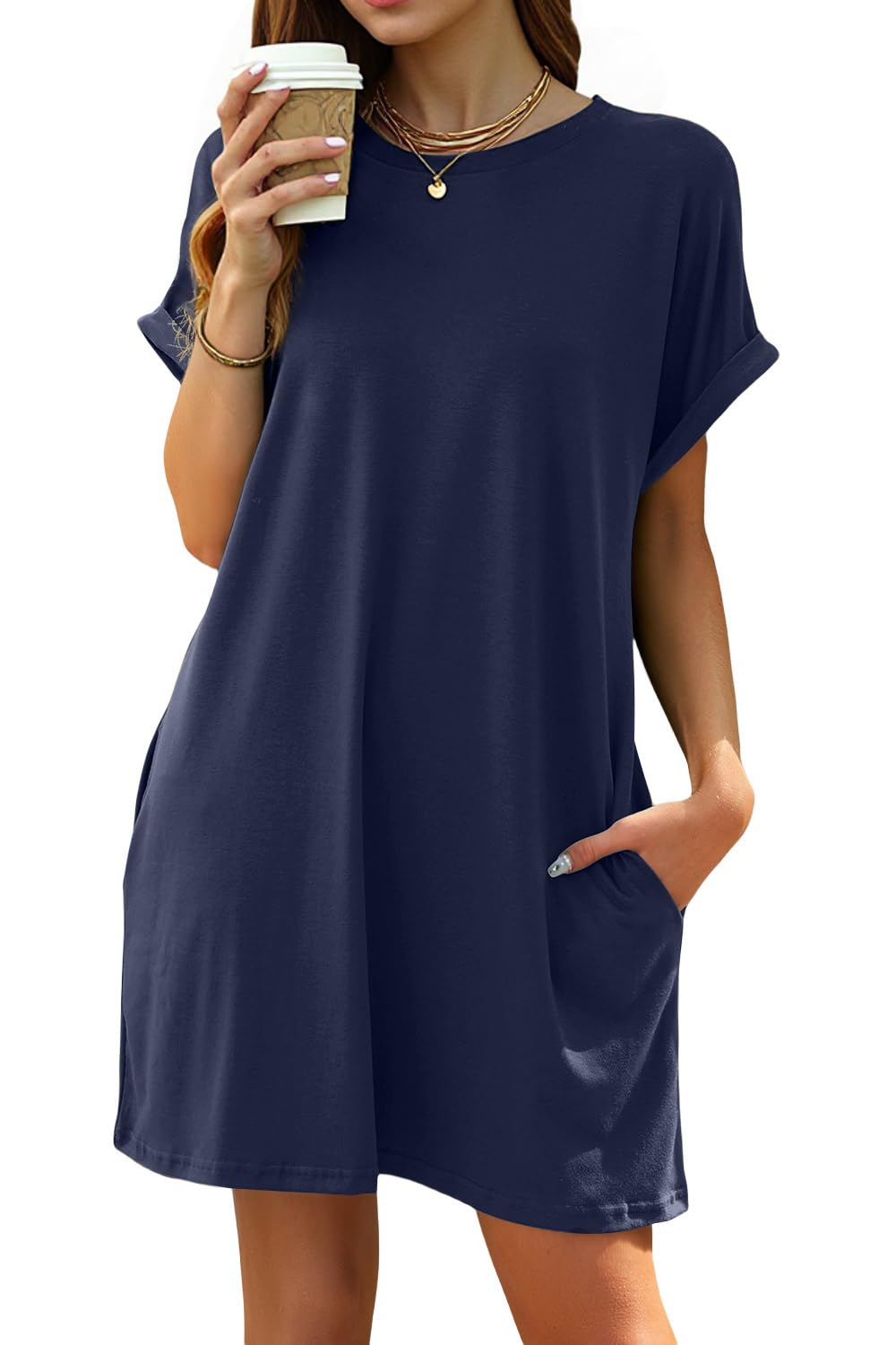 isermeo Women Summer Casual Swing Rolled Sleeve T Shirt Dresses Beach Cover Up Loose Dress with Pockets S-XXL