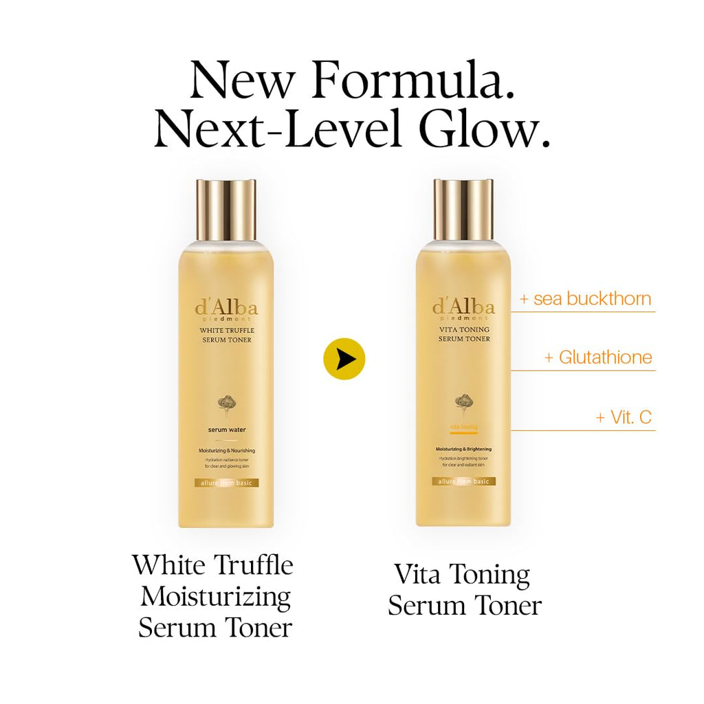 Deux bouteilles de sérum tonique d'Alba Vita Toning, flacons jaunes et bouchons dorés