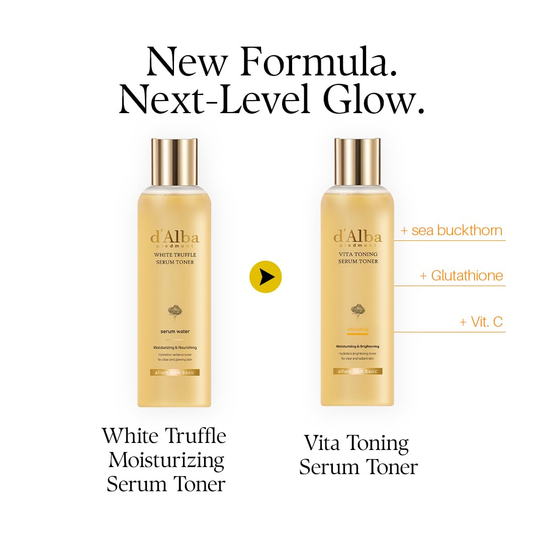 Deux bouteilles de sérum tonique d'Alba Vita Toning, flacons jaunes et bouchons dorés