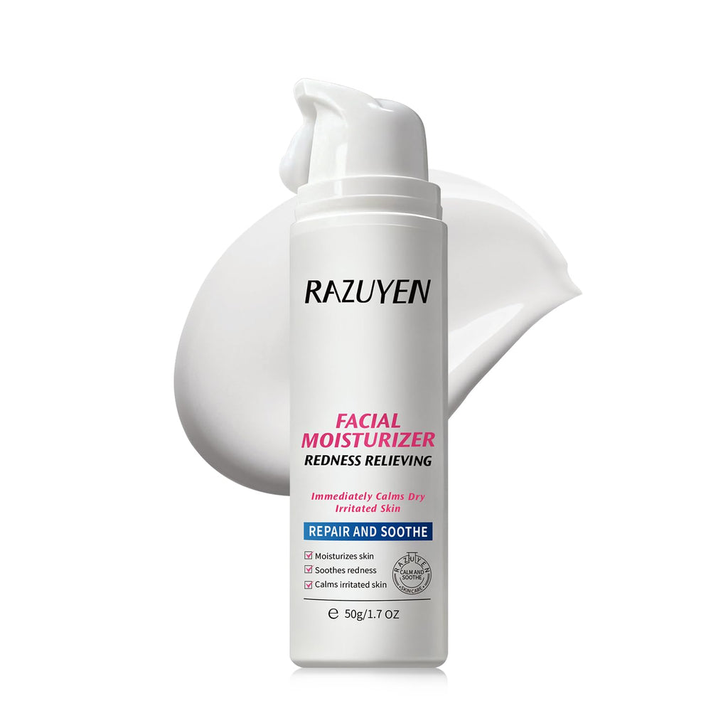 Crème visage RAZUYEN en flacon blanc, anti-rougeurs réparateur