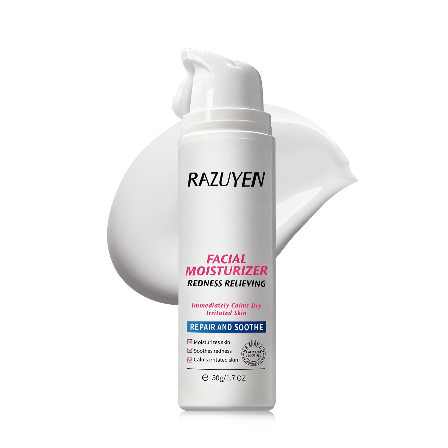 Crème visage RAZUYEN en flacon blanc, anti-rougeurs réparateur