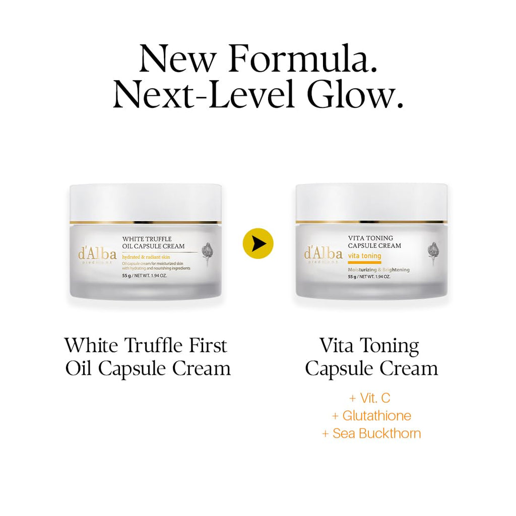 Deux pots de crème capsule d’alba Vita Toning, couvercles dorés, présentés côte à côte