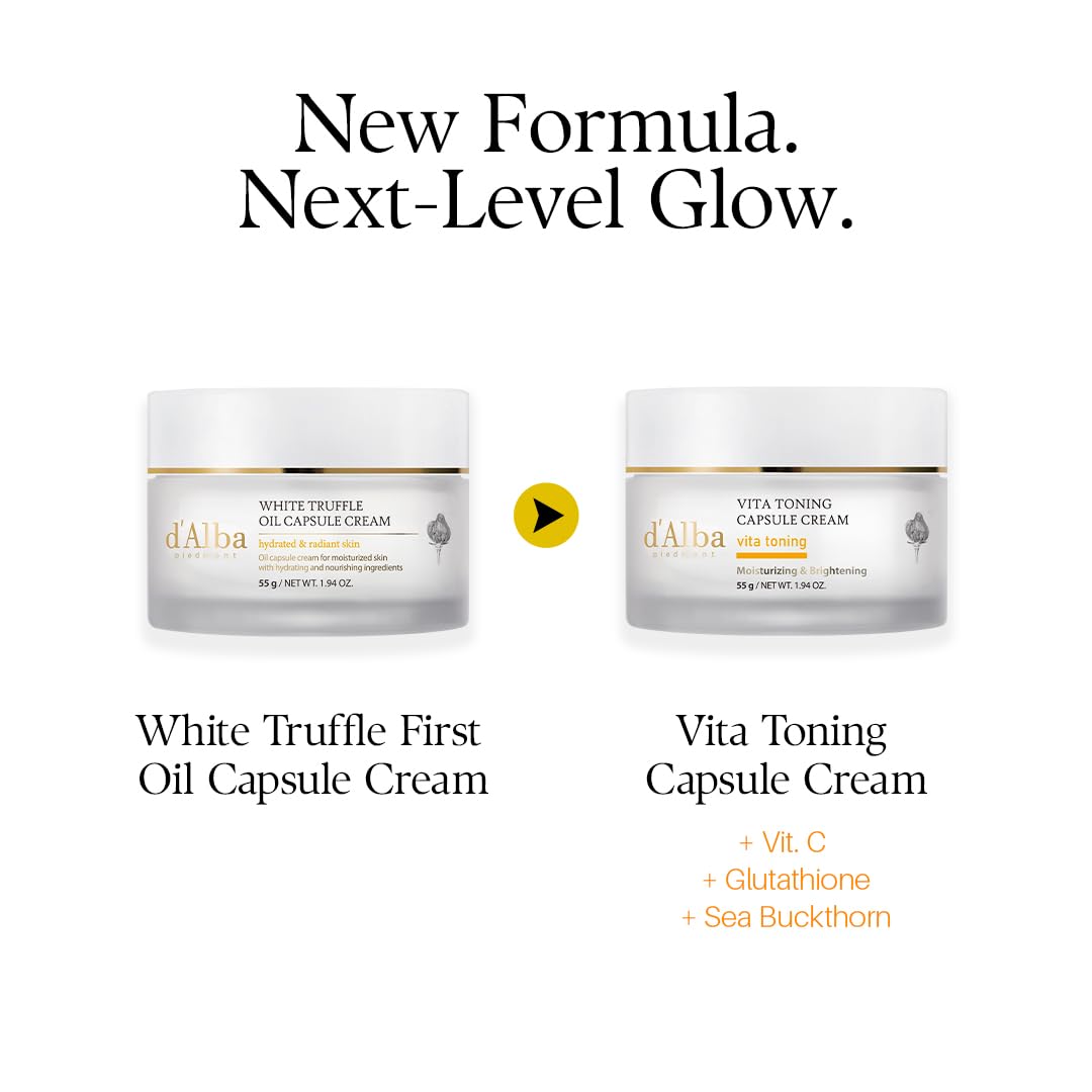 Deux pots de crème capsule d’alba Vita Toning, couvercles dorés, présentés côte à côte