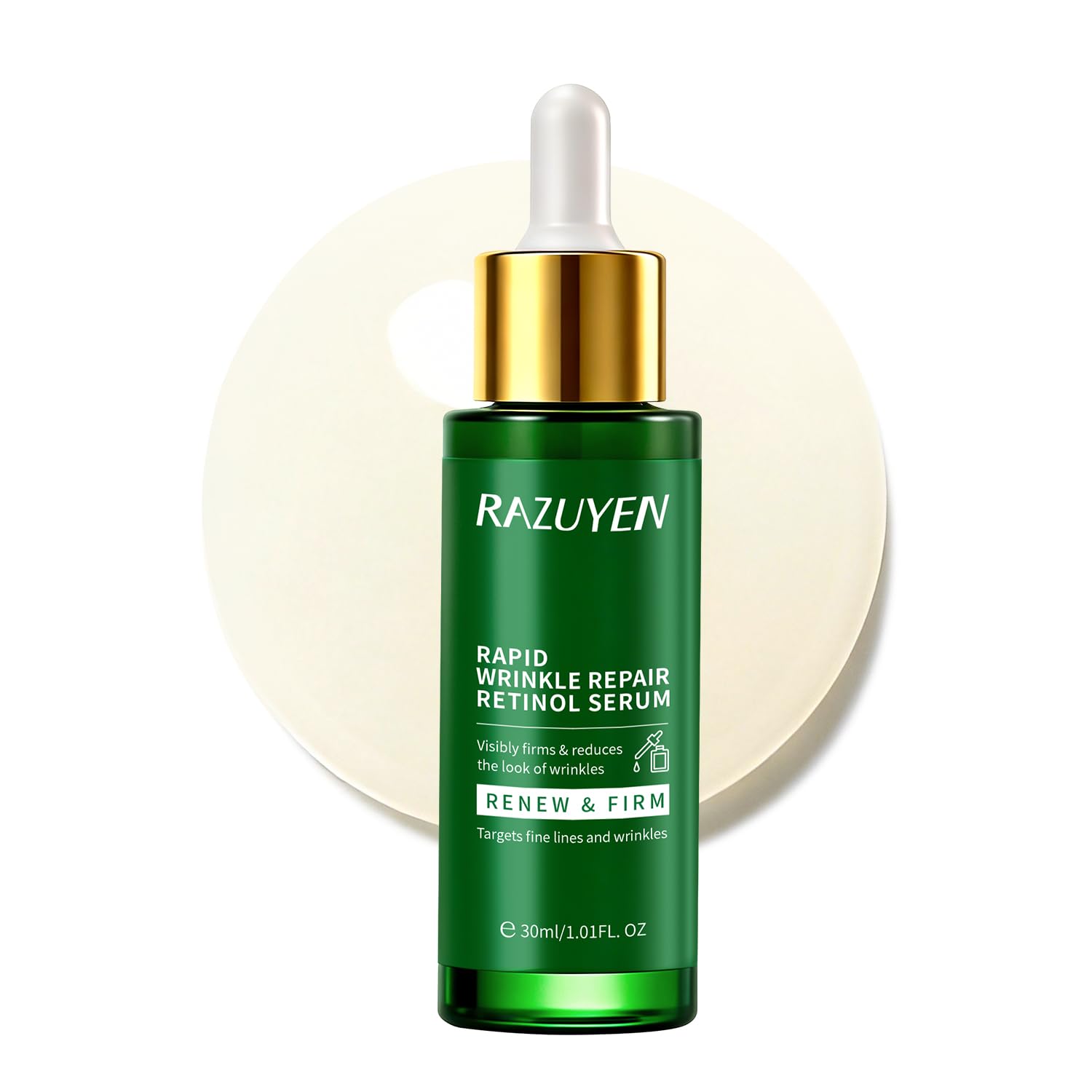 Sérum pour le visage RAZUYEN au rétinol, flacon vert et pompe dorée
