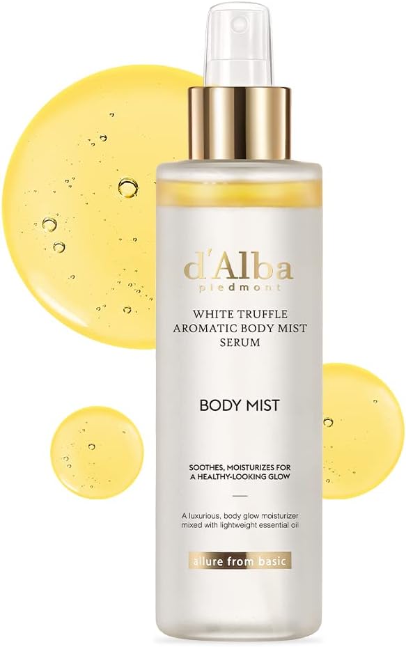 Brume corporelle d’alba Truffe Blanche, flacon spray transparent au bouchon doré