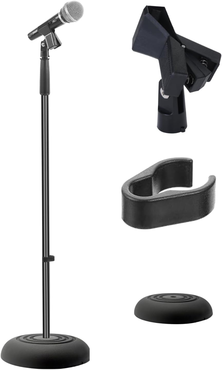 Pied de micro noir réglable en hauteur avec base compacte et clips de câble inclus