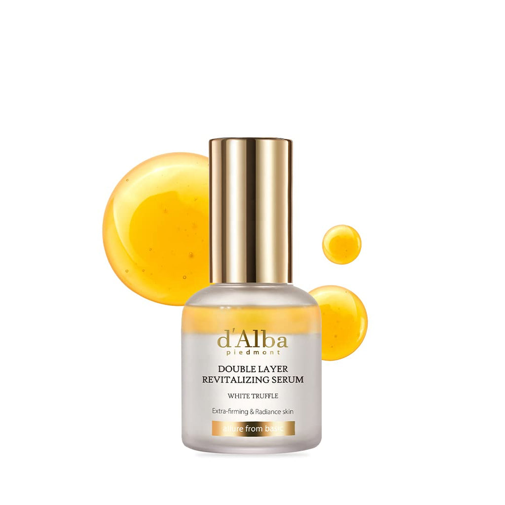 Sérum revitalisant double couche d'Alba dans flacon blanc, capuchon doré