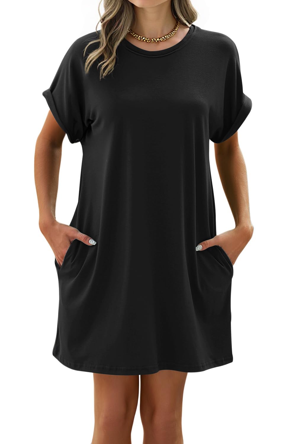 isermeo Women Summer Casual Swing Rolled Sleeve T Shirt Dresses Beach Cover Up Loose Dress with Pockets S-XXL