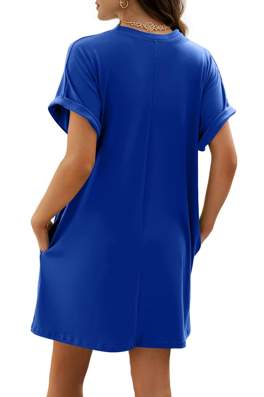 isermeo Women Summer Casual Swing Rolled Sleeve T Shirt Dresses Beach Cover Up Loose Dress with Pockets S-XXL