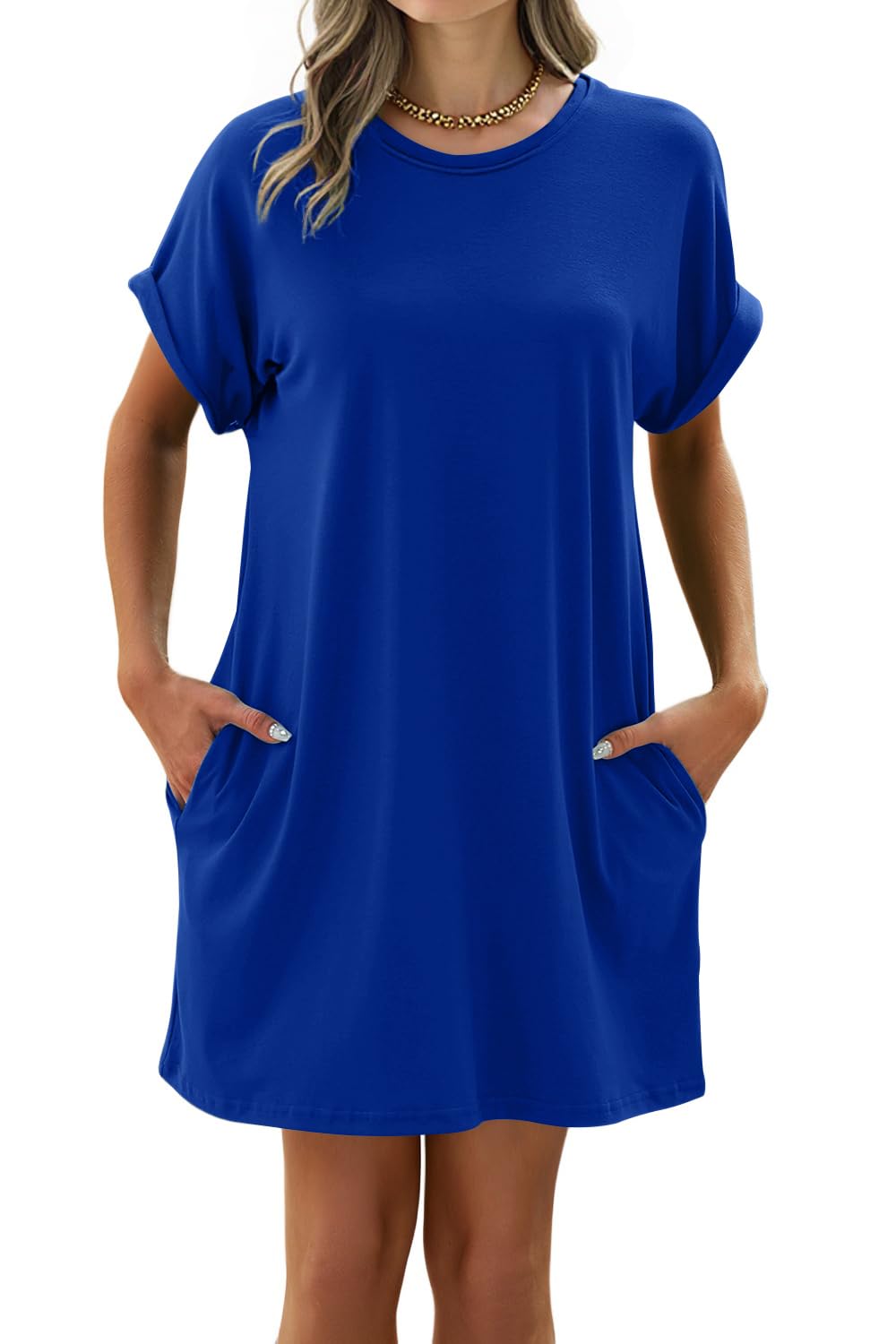 isermeo Women Summer Casual Swing Rolled Sleeve T Shirt Dresses Beach Cover Up Loose Dress with Pockets S-XXL