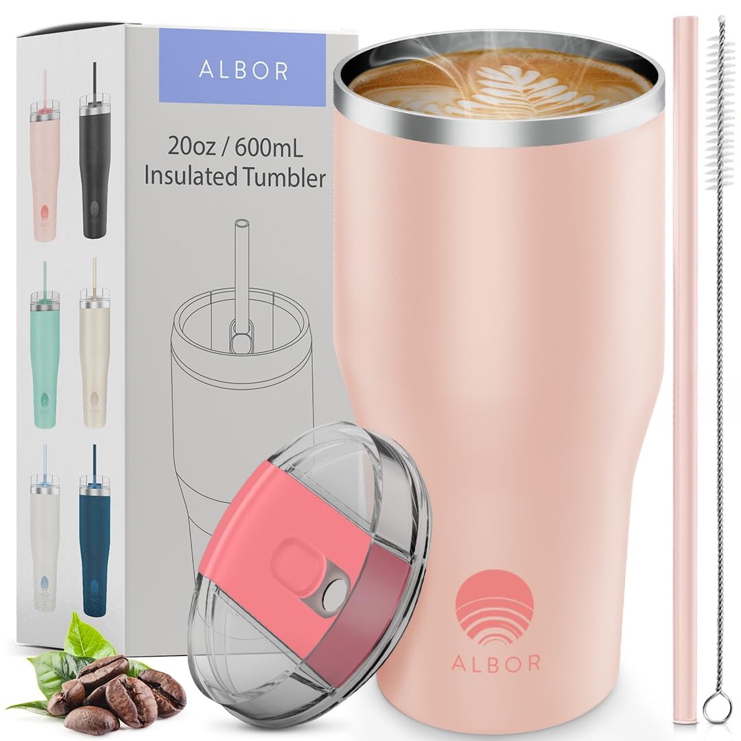 ALBOR Coffee Travel Mug with Handle 30oz/900ml - Stainless Steel Travel Coffee Mug - Insulated Tumbler with Straw and Lid - Tasse a Cafe Isotherme - Insulated Coffee Mug Travel - Rose Gold