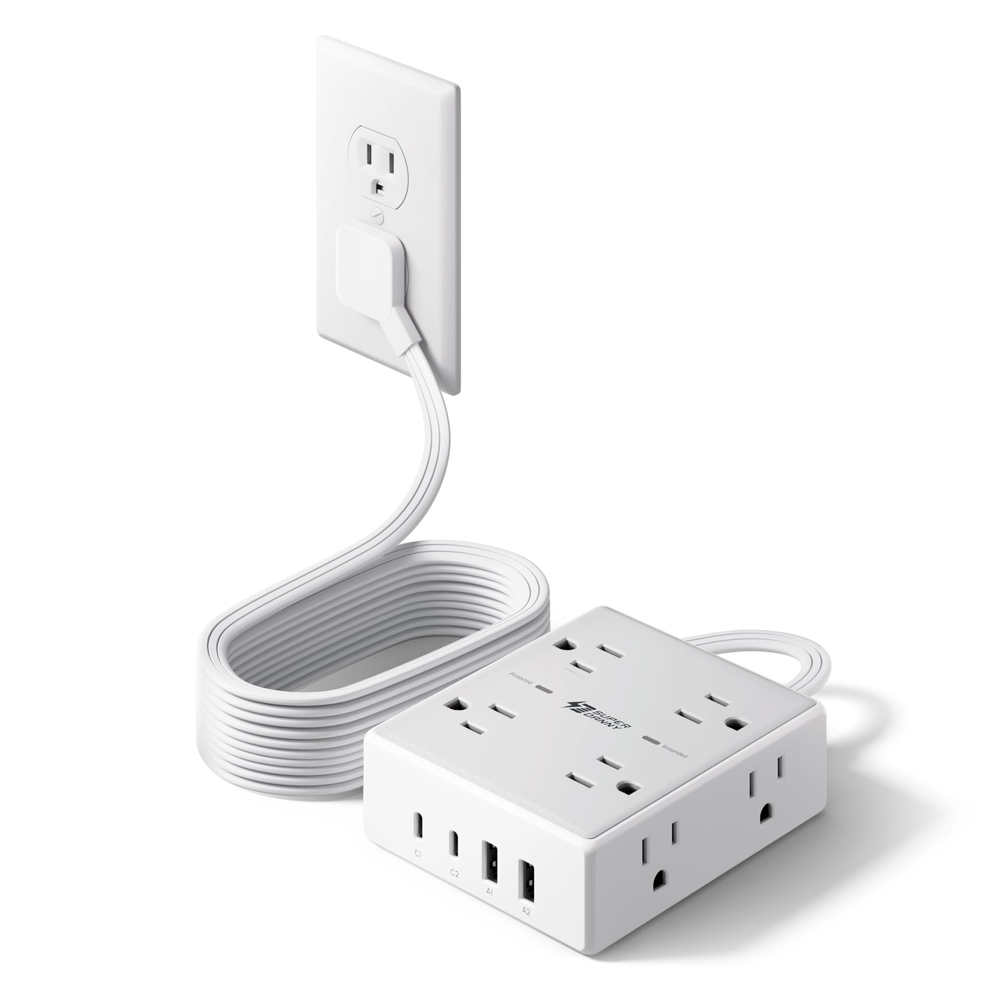 Surge Protector Power Bar, SUPERDANNY 6 Ft Extension Cord with 8 Outlets & 4USB Ports (2 USB 2 C), Mountable Flat Plug Power Strip, Surge Protection for Home, Office, Dorm
