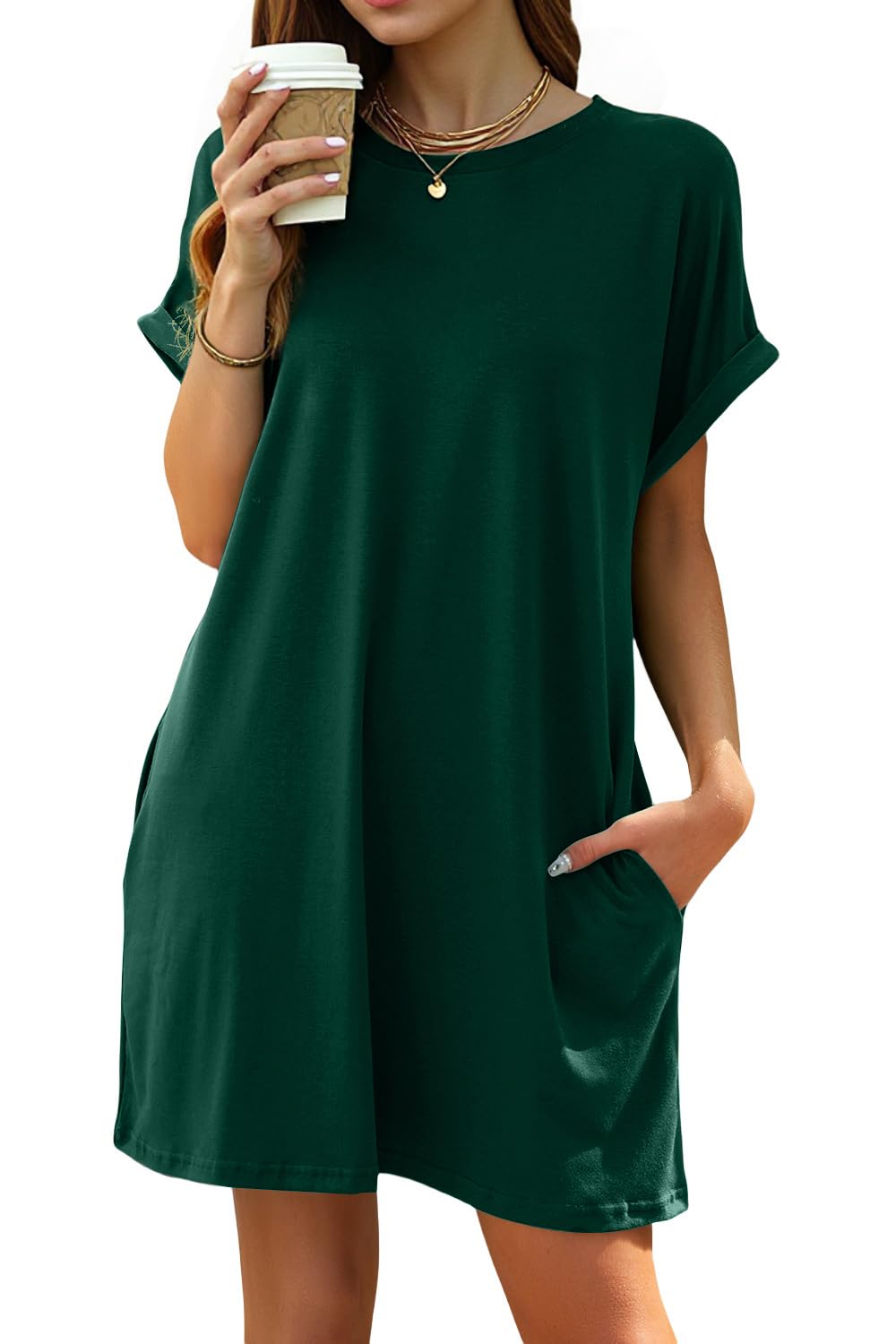 isermeo Women Summer Casual Swing Rolled Sleeve T Shirt Dresses Beach Cover Up Loose Dress with Pockets S-XXL