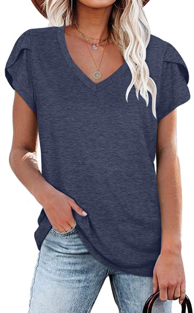 isermeo Womens Summer Tops Sexy V Neck Petal Sleeve Casual Solid Color Tee Tshirts S-XXL