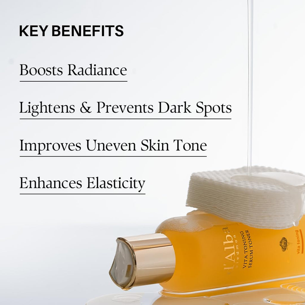 Bouteille de sérum tonique d'Alba Vita Toning avec embout doré, flacon jaune